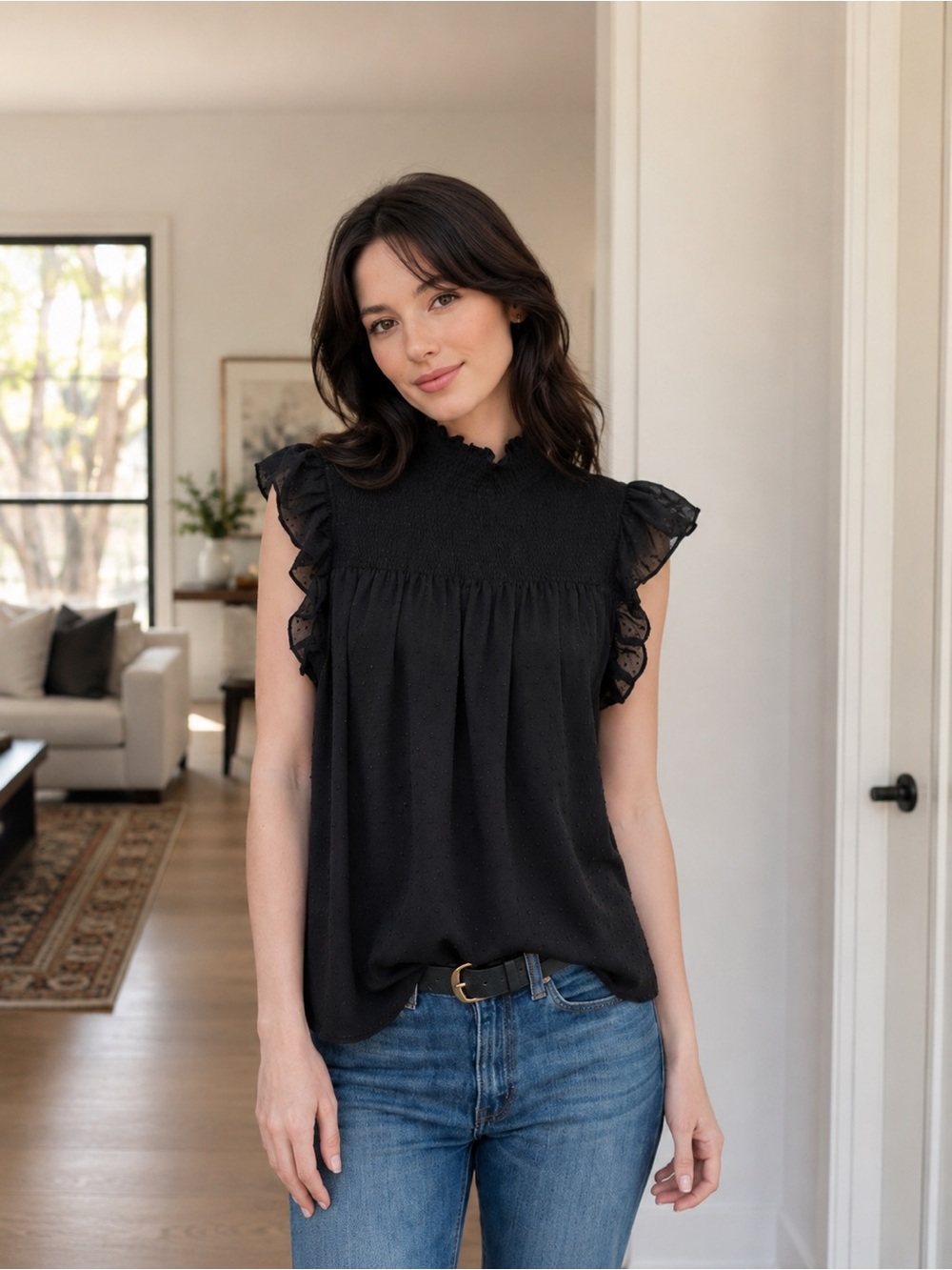 La Ven Swiss Dot Flutter Sleeve Black Blouse Top